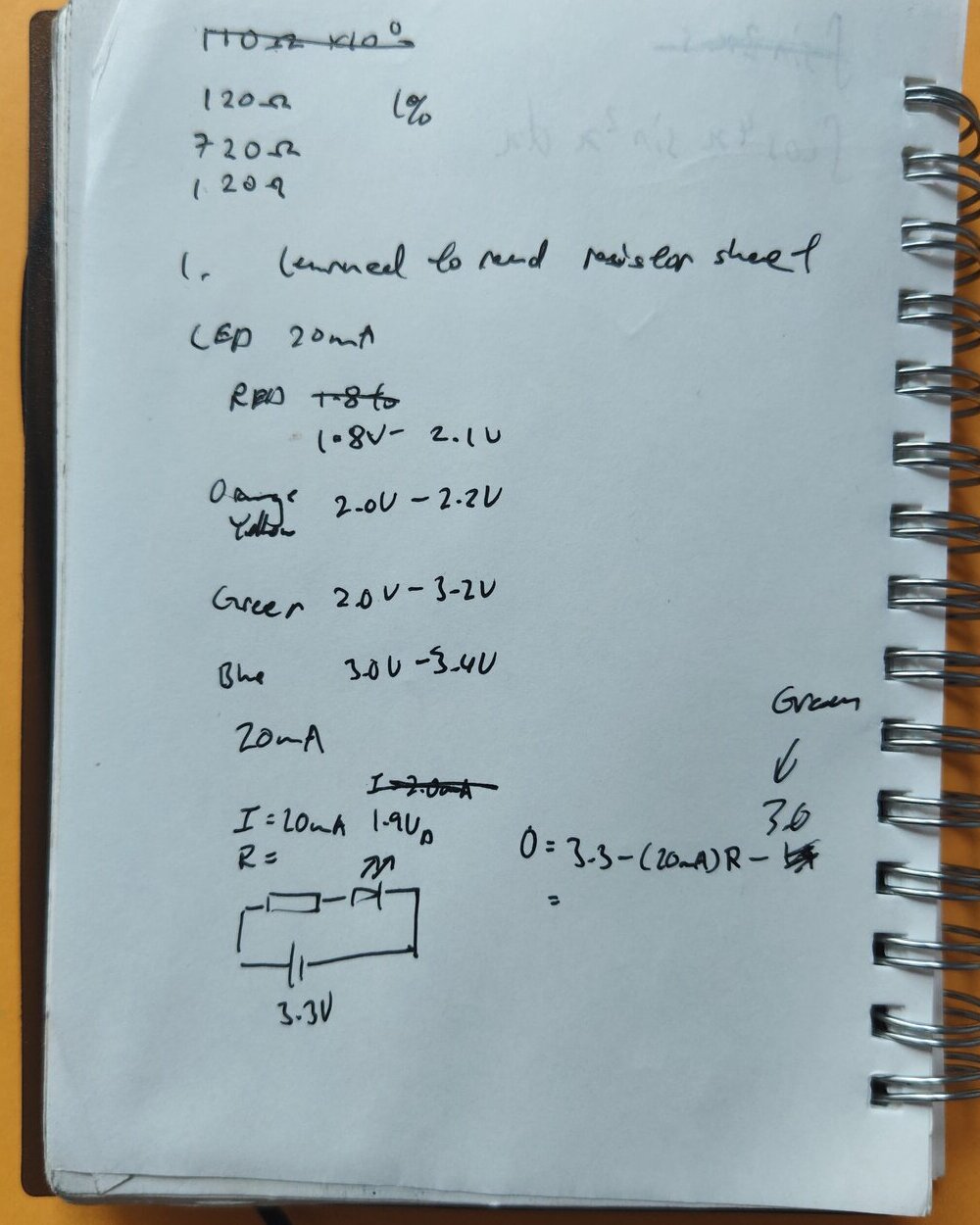Handwritten resistor color codes and LED forward voltages